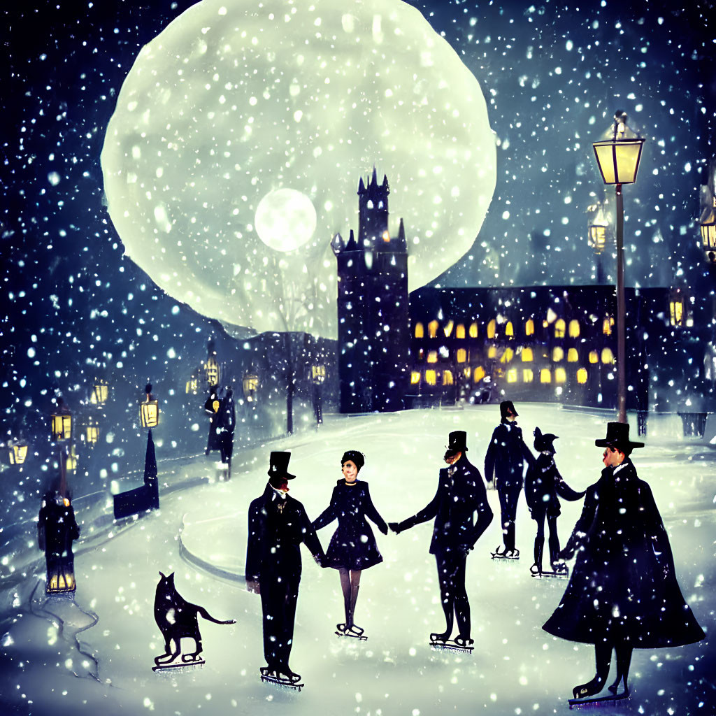 Victorian-Era Figures Skating in Snowy Night Scene