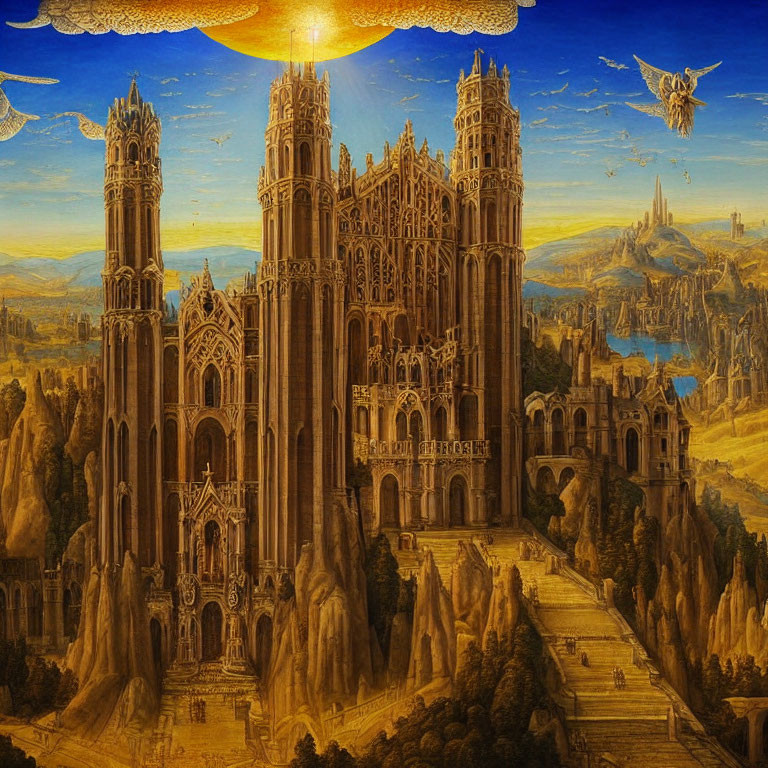 Gothic castle on rocky terrain under a golden sky with surreal elements