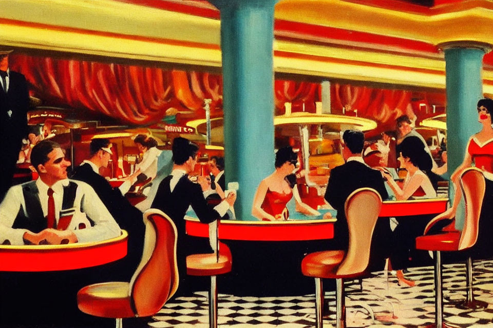 Colorful 1950s-style diner painting with patrons and waitstaff.