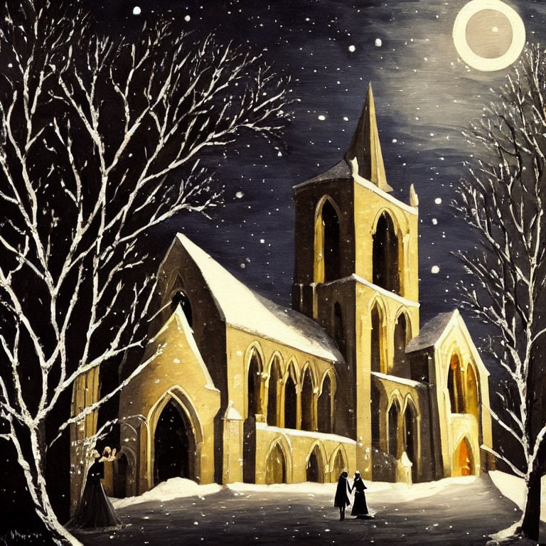 Snowy Night Scene: Couple Walking to Gothic Church in Moonlit Snowfall