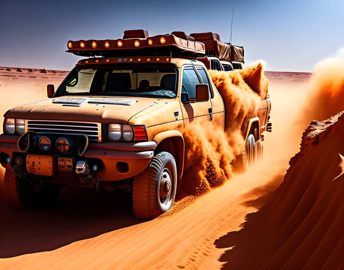 Orange off-road vehicle with roof rack and lights racing through desert landscape