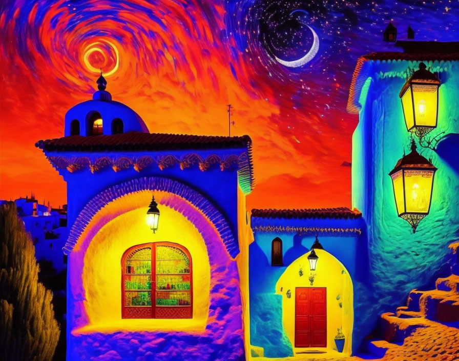 Colorful digital artwork: Blue building under starry sky