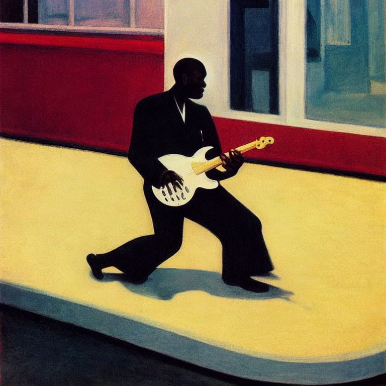 Stylized painting of person playing white bass guitar against bold red and yellow background