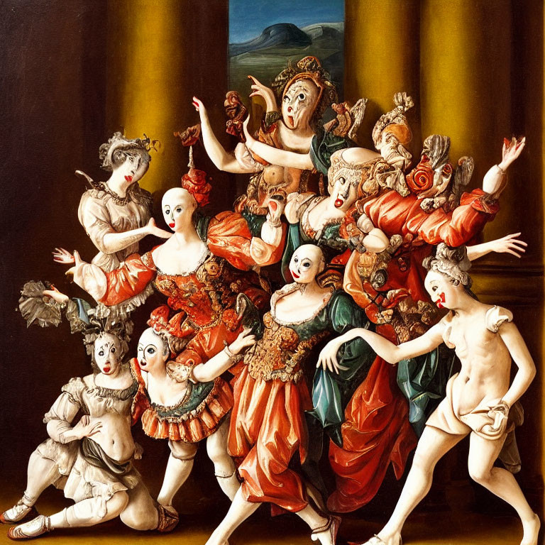 Baroque painting of theatrical characters in elaborate costumes