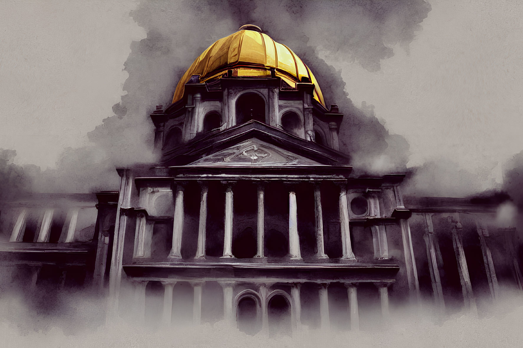 Neoclassical building with golden dome in misty atmosphere