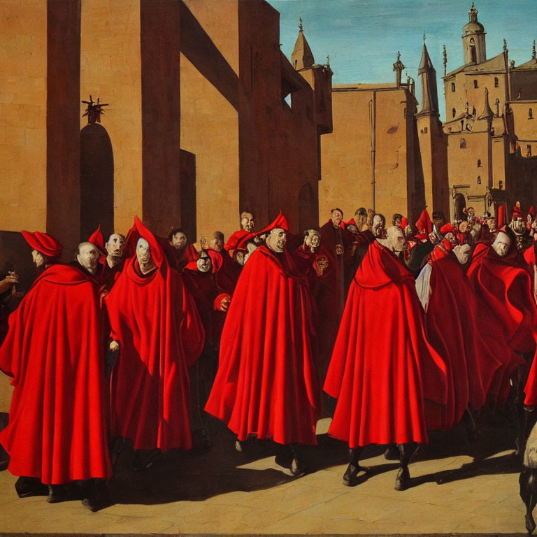 Individuals in red cloaks and caps walk through historic town square.