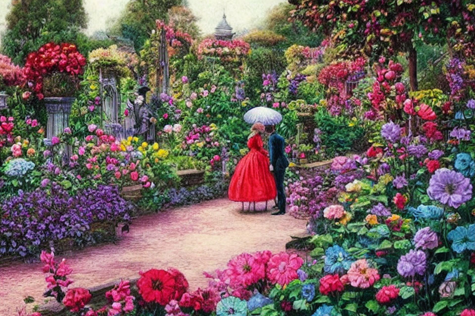 Victorian-era couple strolling in colorful garden with flowers