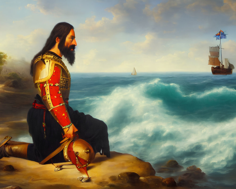 Bearded knight in ornate armor gazes at ships near the coast