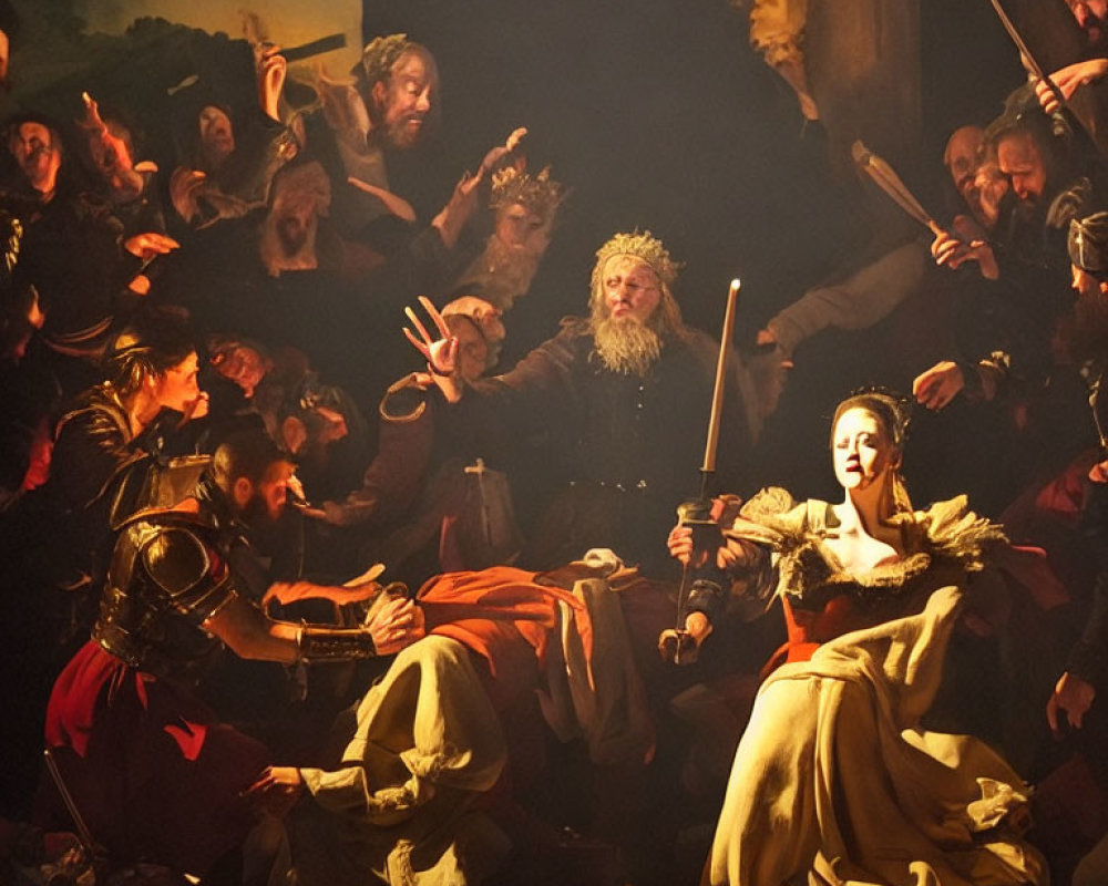 Regal woman surrounded by intense men with raised weapons in dim setting