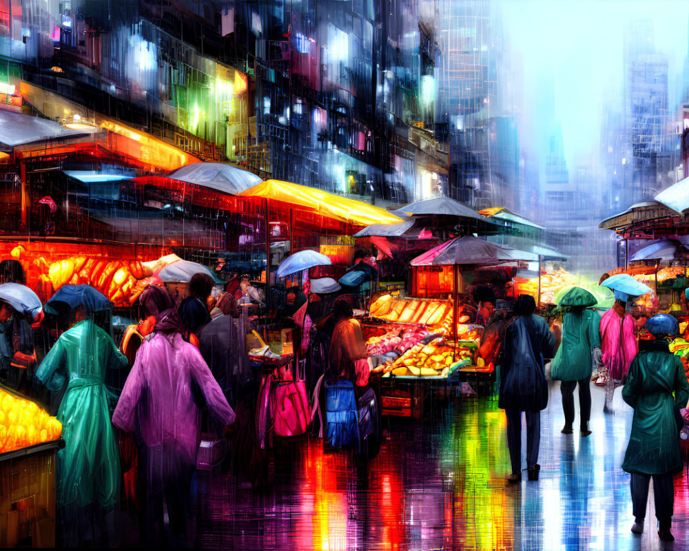 Colorful market stalls in rainy cityscape with neon lights