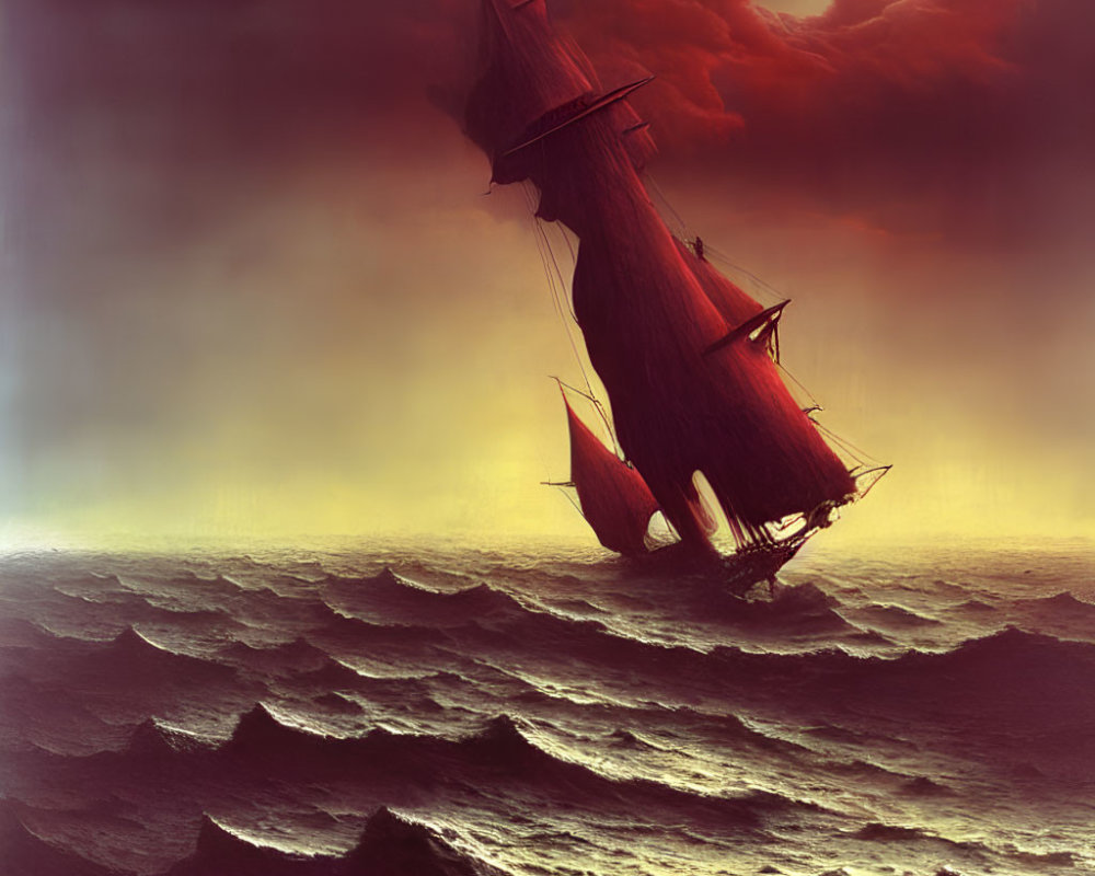 Vintage sailing ship in stormy seas with heart-shaped cloud break