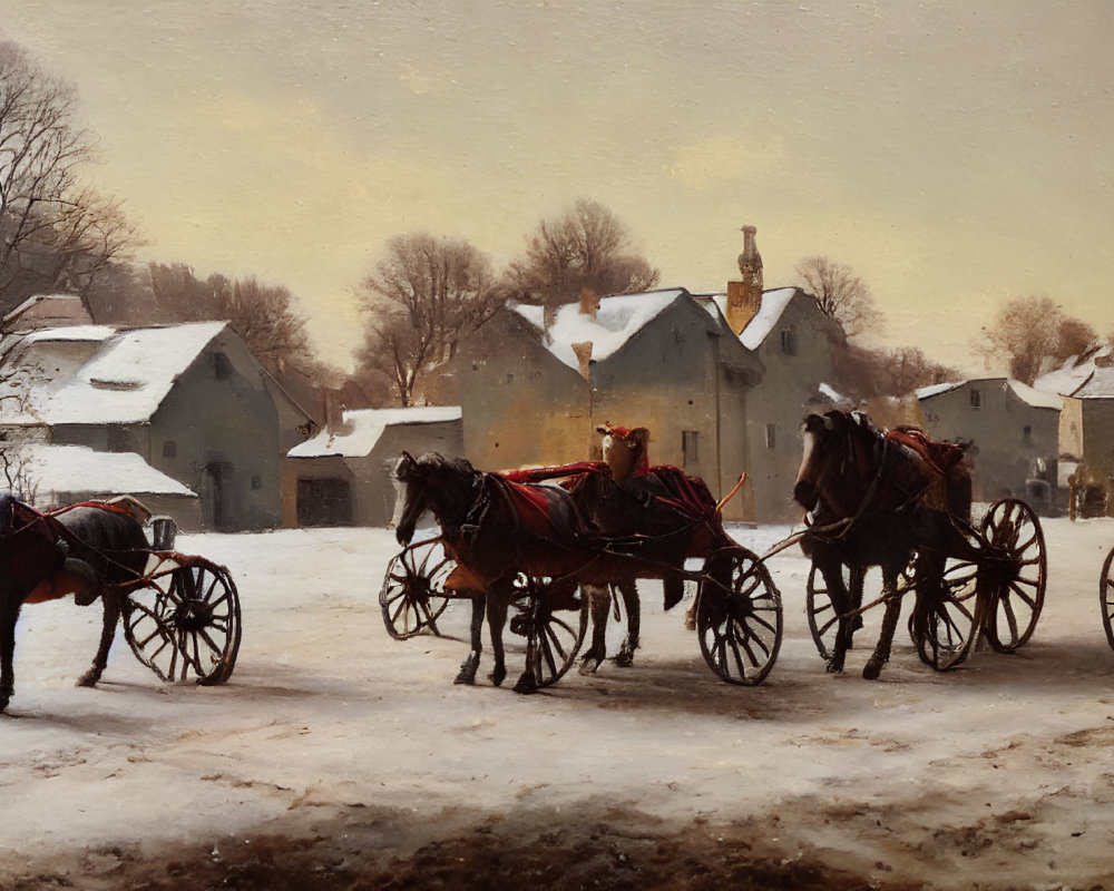 Snowy Winter Scene: Two Horse-Drawn Carriages, Quaint Houses, Soft Glowing