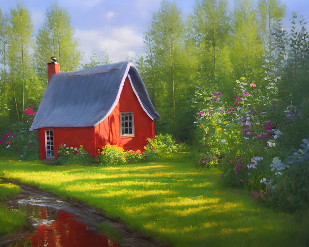 Red cottage with gray roof in green landscape with flowers and stream