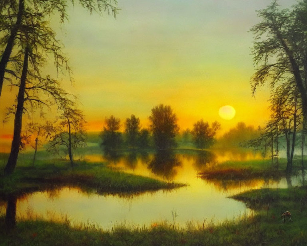 Tranquil sunset landscape with yellow sky reflected in water