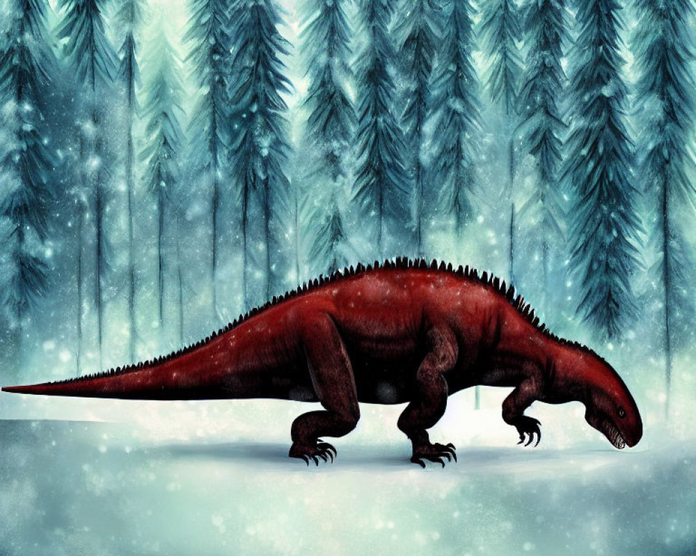 Red dinosaur walking in snowy forest with tall trees under blue sky