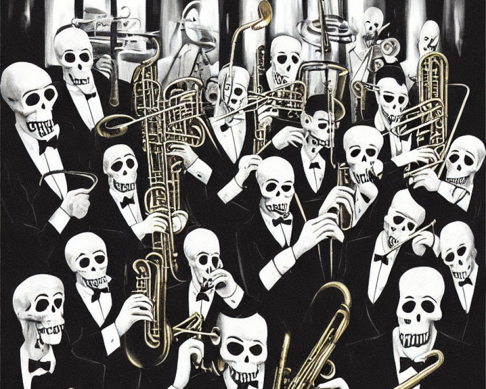 Monochromatic skeleton band playing brass instruments