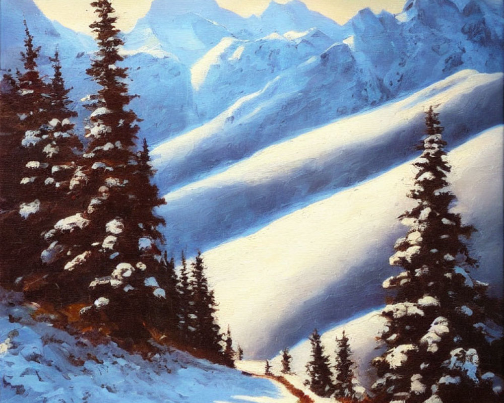 Snow-Covered Mountain Landscape with Pine Trees and Sunset Sky