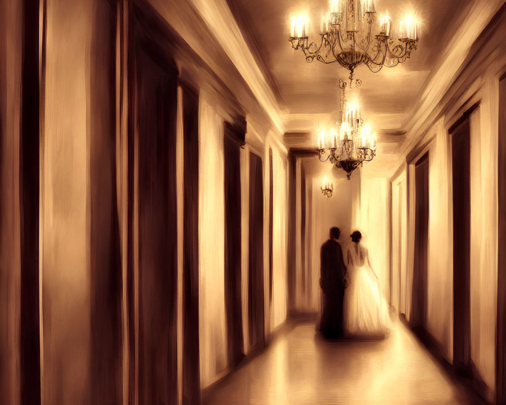 Elegant hallway with couple in formal attire walking.