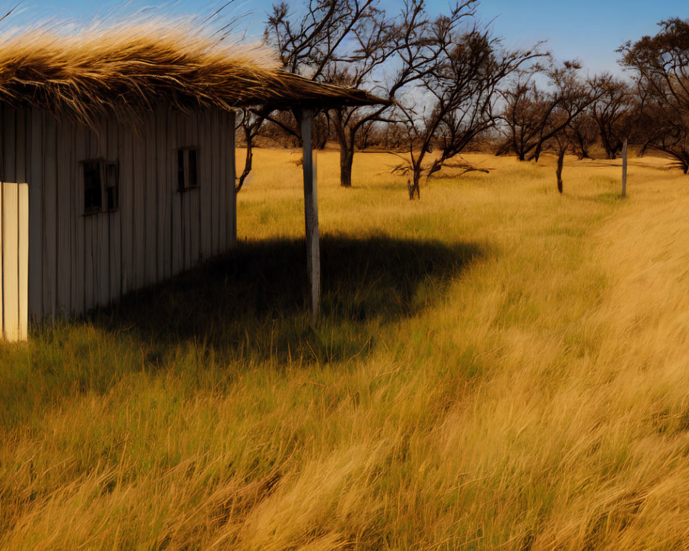 Thatched Roof Rustic Cabin in Golden Grass Landscape