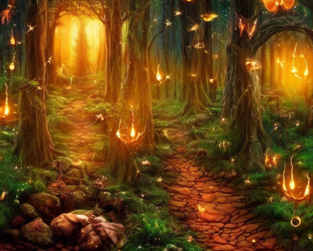 Enchanting forest path with glowing butterflies and magical lights