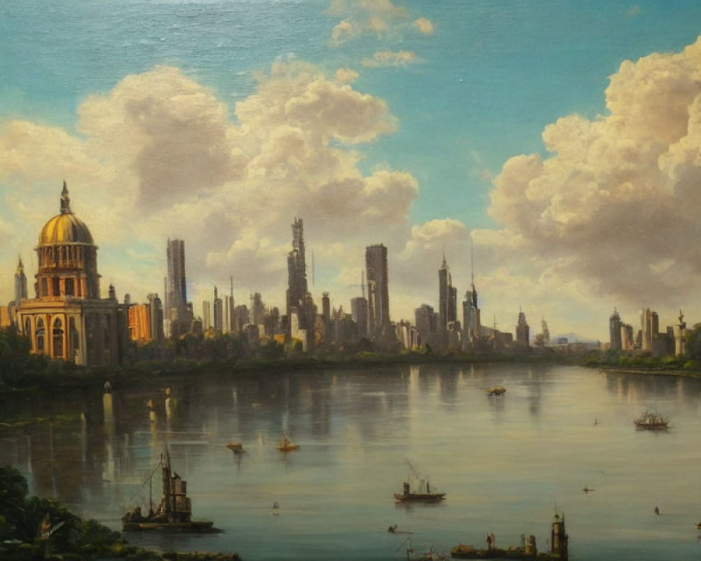 Classic Painting: River, Boats, Cityscape, Golden-Domed Structure