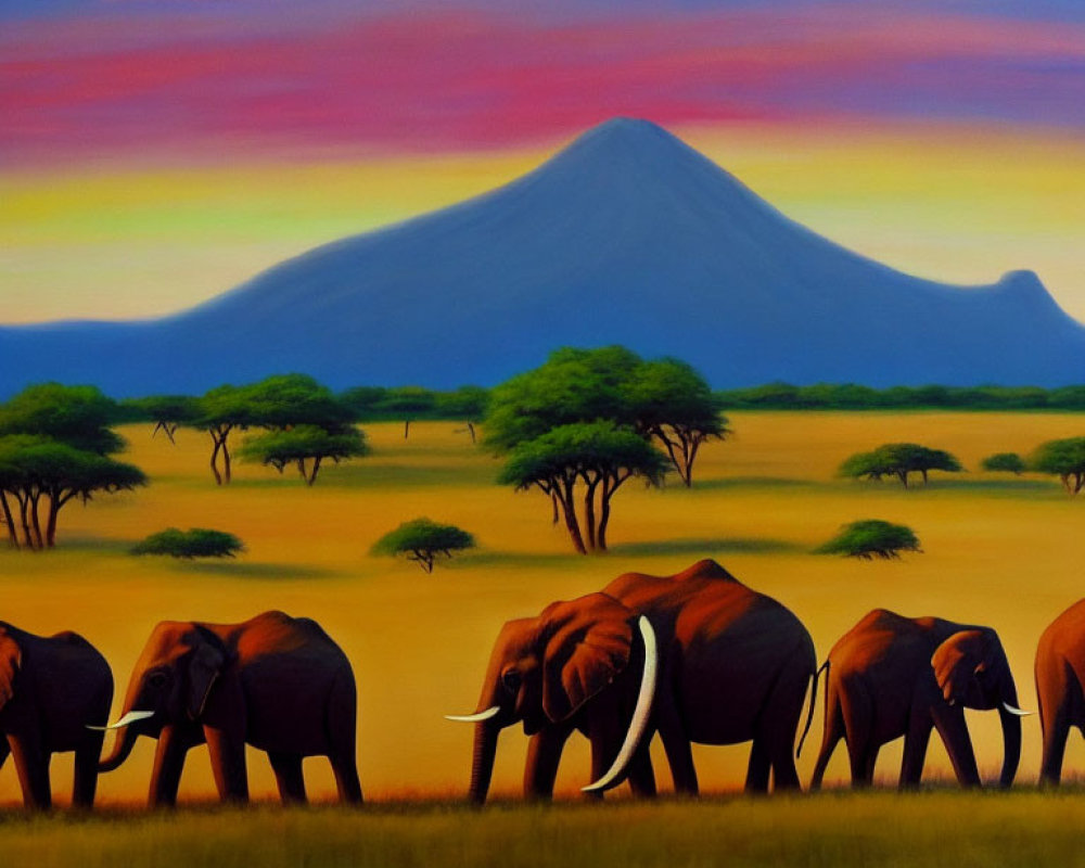 Elephants walking in savanna with sunset sky and mountain.