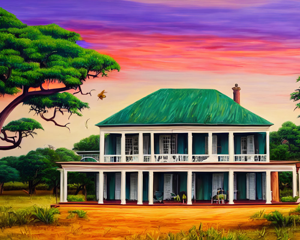 Classic Two-Story House with Large Porch in Twilight Landscape