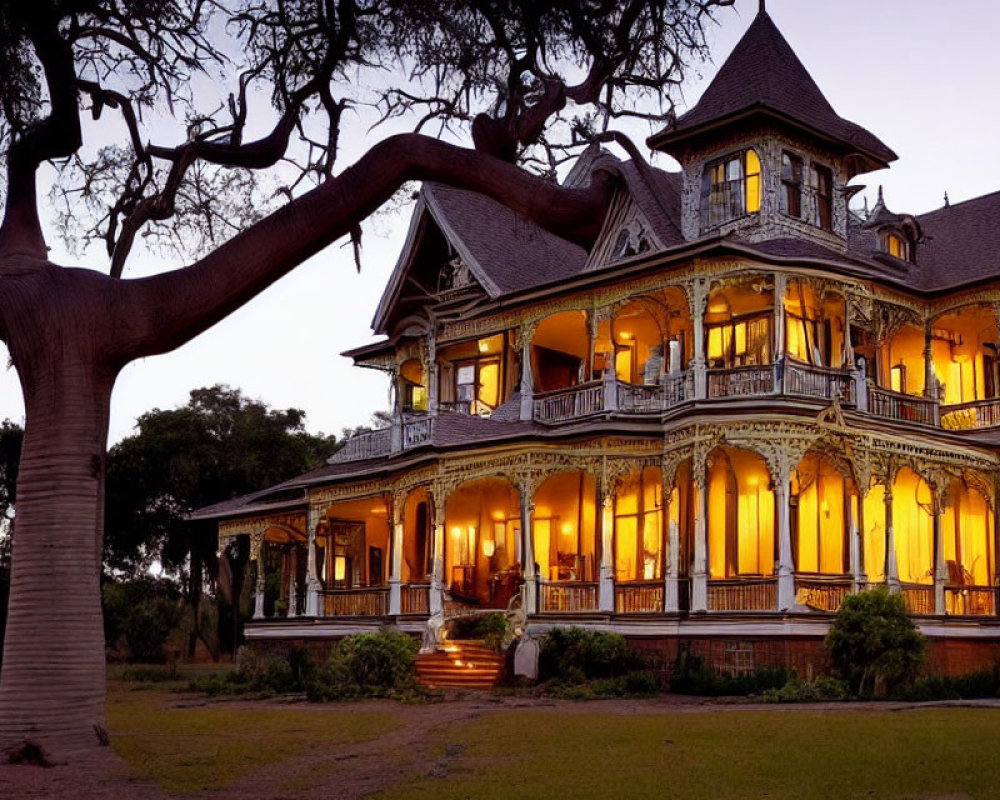 Victorian-style mansion with intricate details and multiple verandas, brightly lit at dusk, beside a sprawling