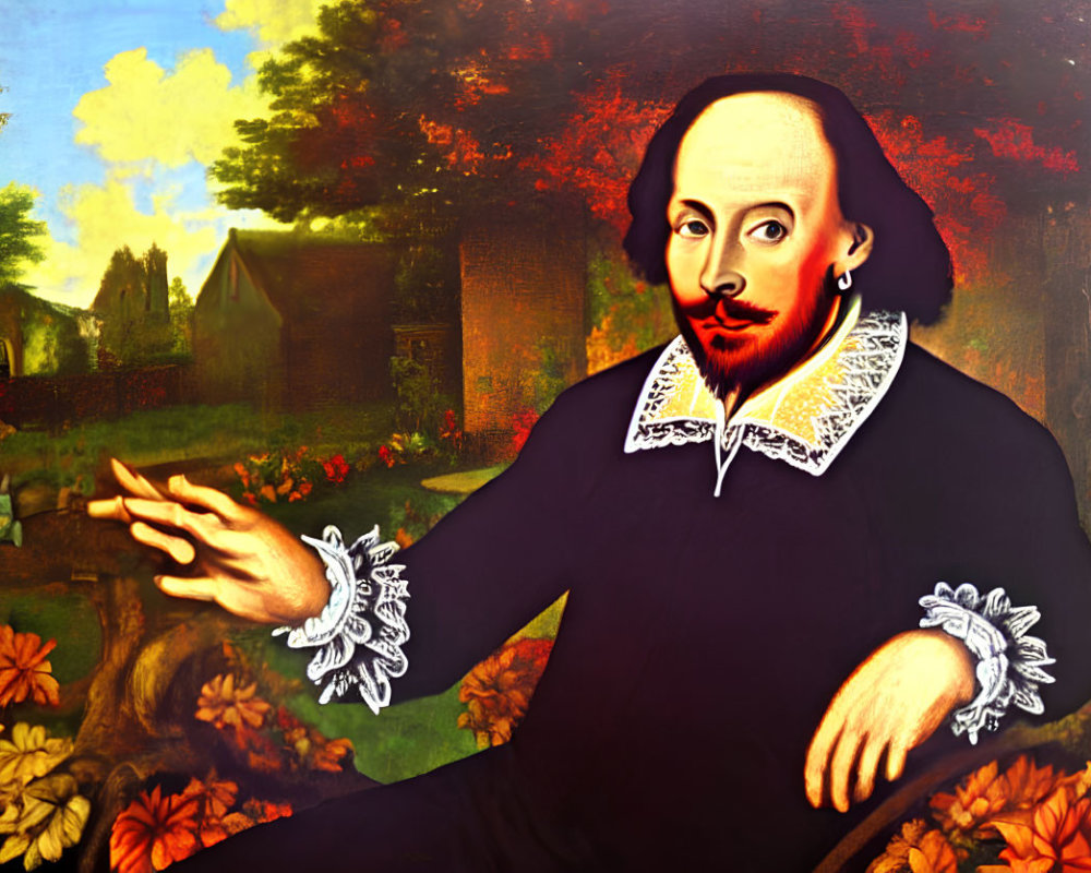 Portrait of William Shakespeare with stylized collar and gesturing hand in colorful pastoral setting