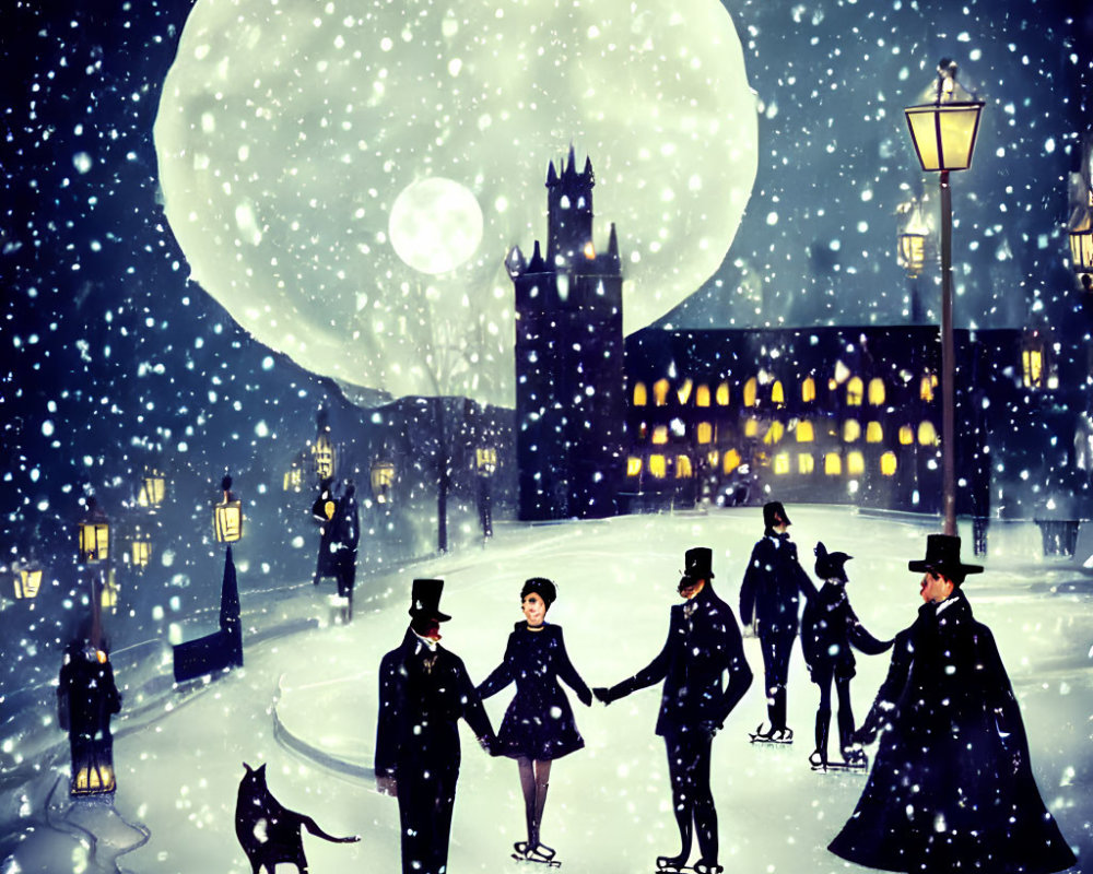 Victorian-Era Figures Skating in Snowy Night Scene