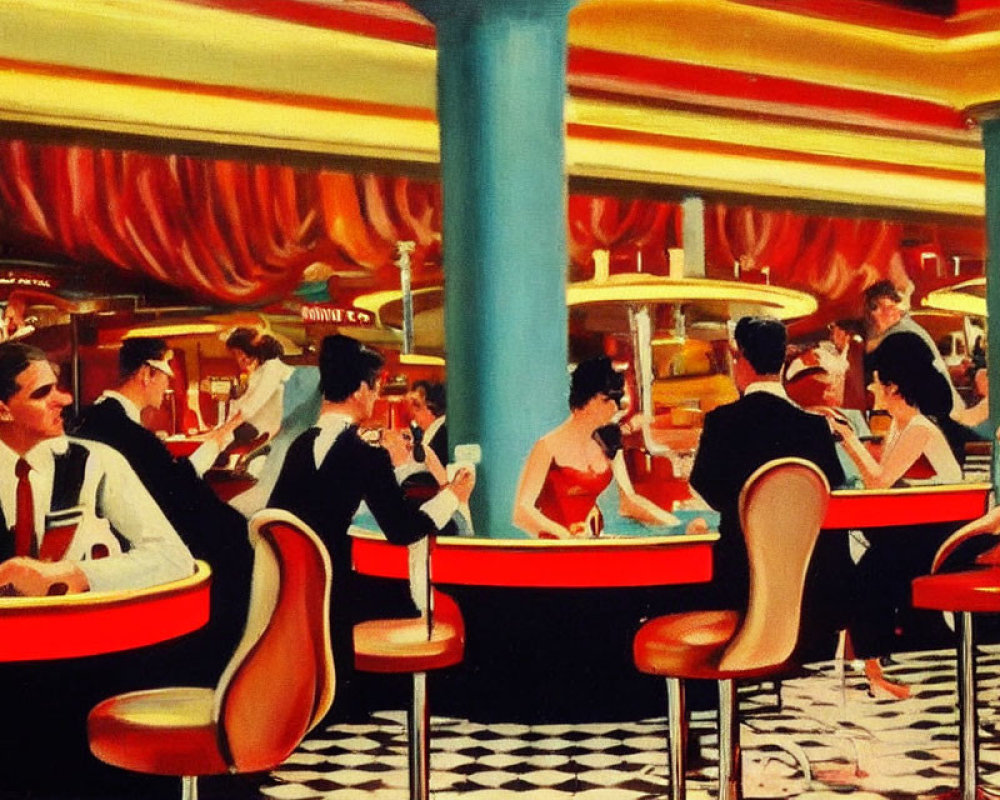 Colorful 1950s-style diner painting with patrons and waitstaff.