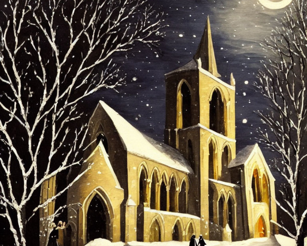 Snowy Night Scene: Couple Walking to Gothic Church in Moonlit Snowfall