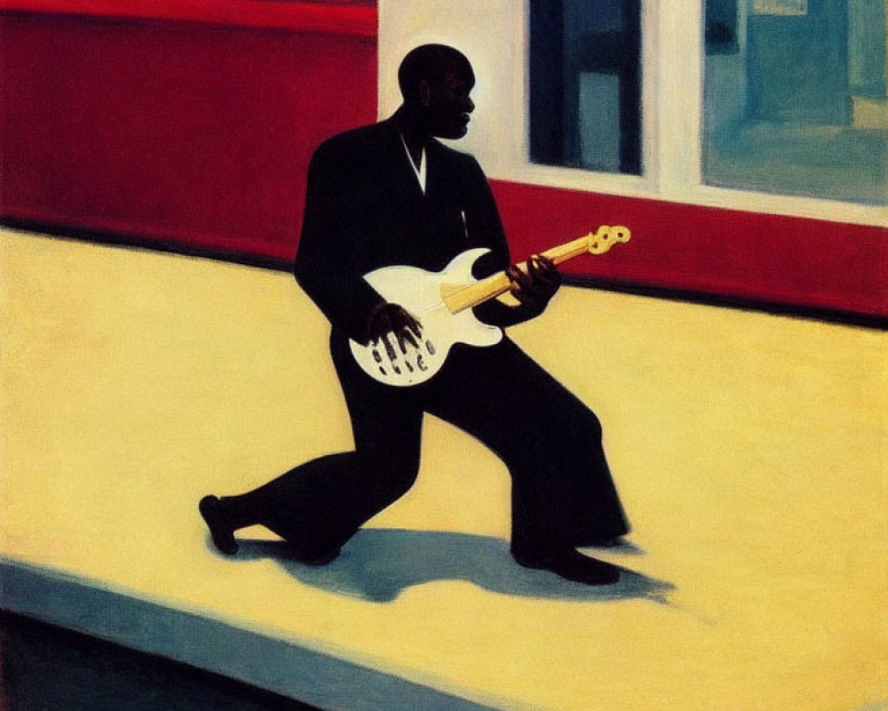 Stylized painting of person playing white bass guitar against bold red and yellow background