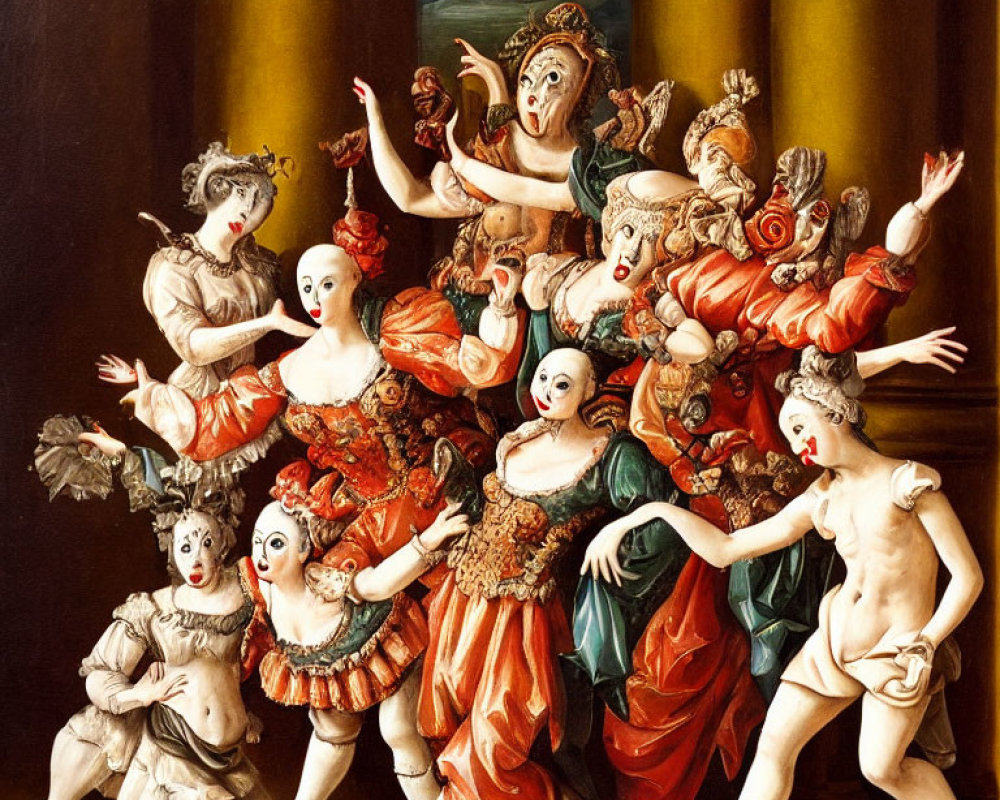 Baroque painting of theatrical characters in elaborate costumes