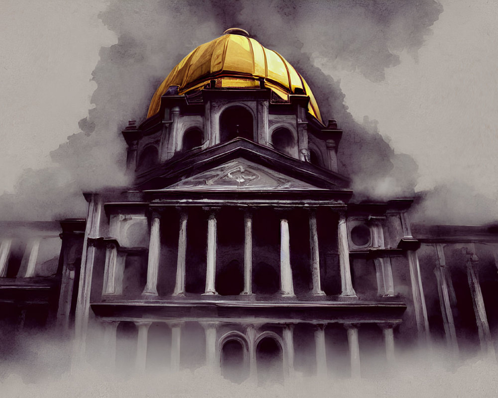 Neoclassical building with golden dome in misty atmosphere