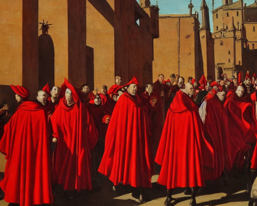 Individuals in red cloaks and caps walk through historic town square.