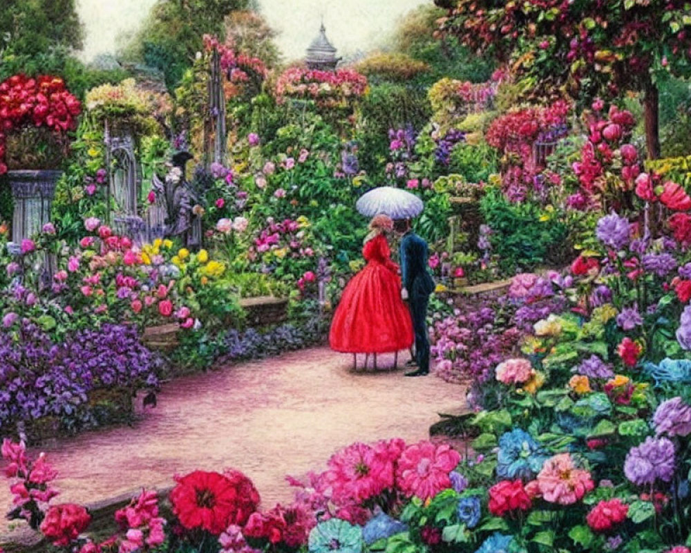 Victorian-era couple strolling in colorful garden with flowers