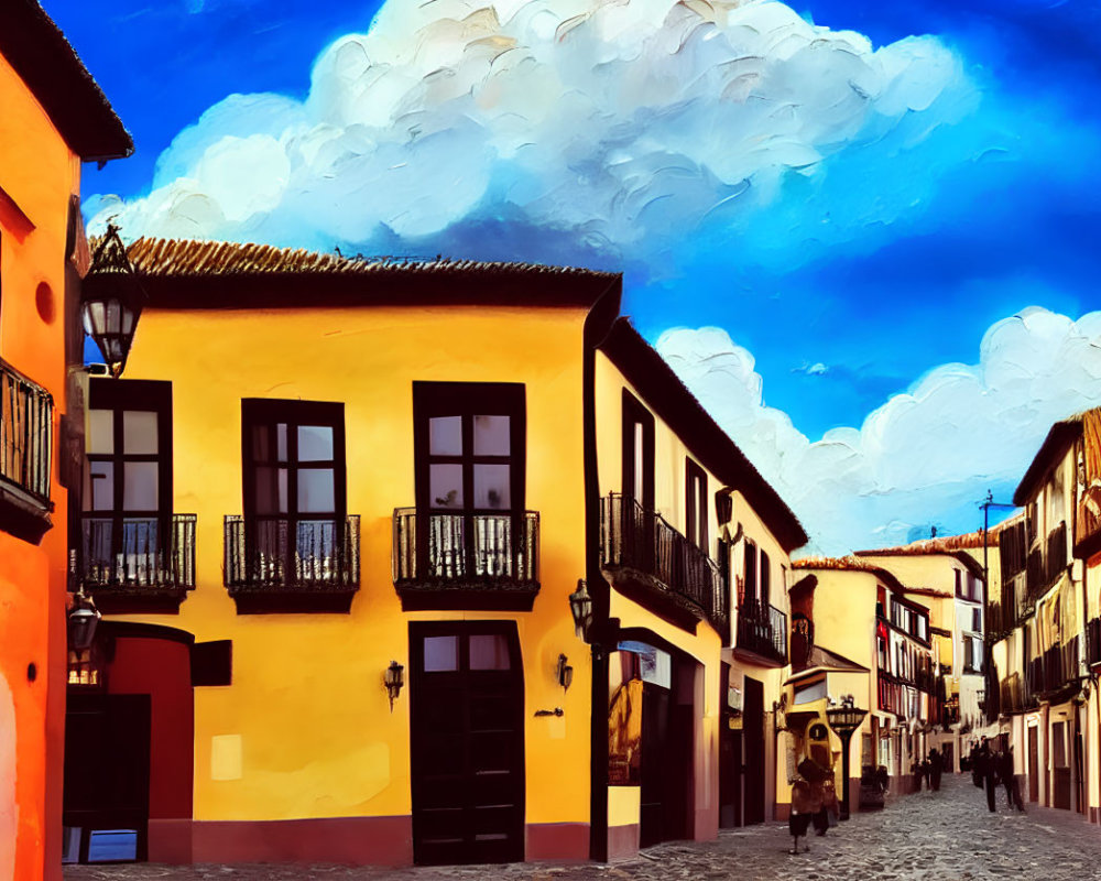 Colorful street scene with traditional architecture and lone figure walking under blue sky