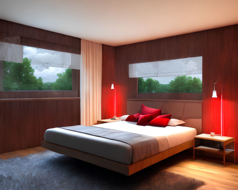 Spacious modern bedroom with large bed, red pillows, wooden walls, grey rug, side table,