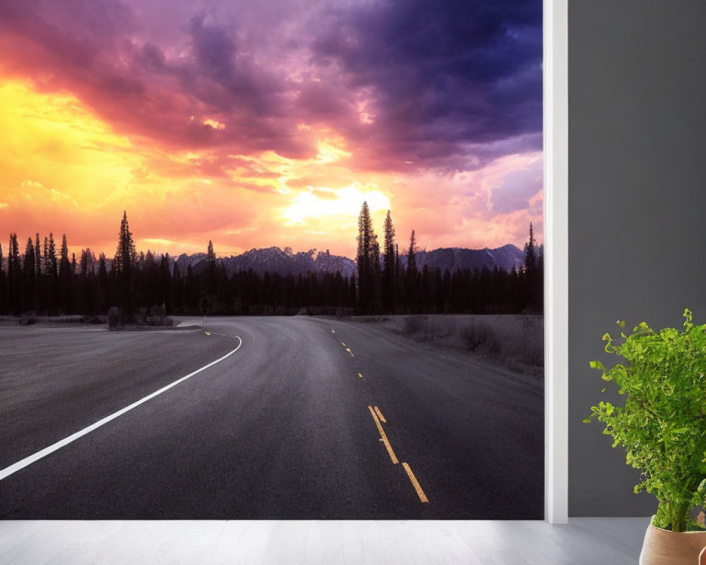 Scenic road mural with purple and orange sunset in room with plant