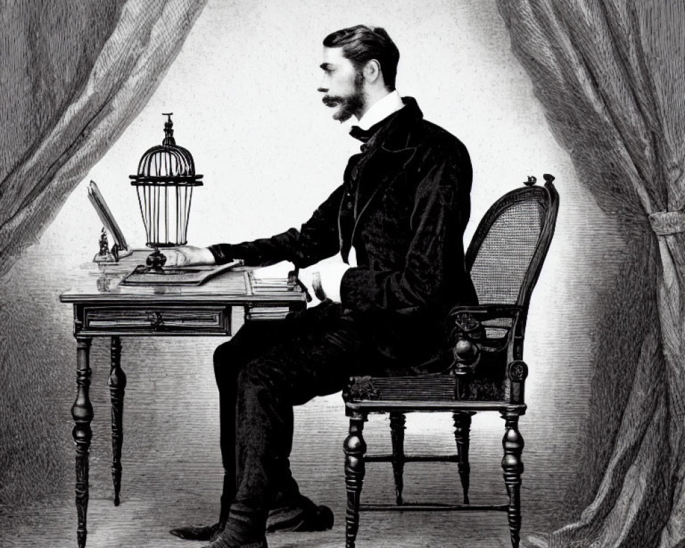 Vintage illustration of seated man with beard at desk, book, quill, inkwell, caged