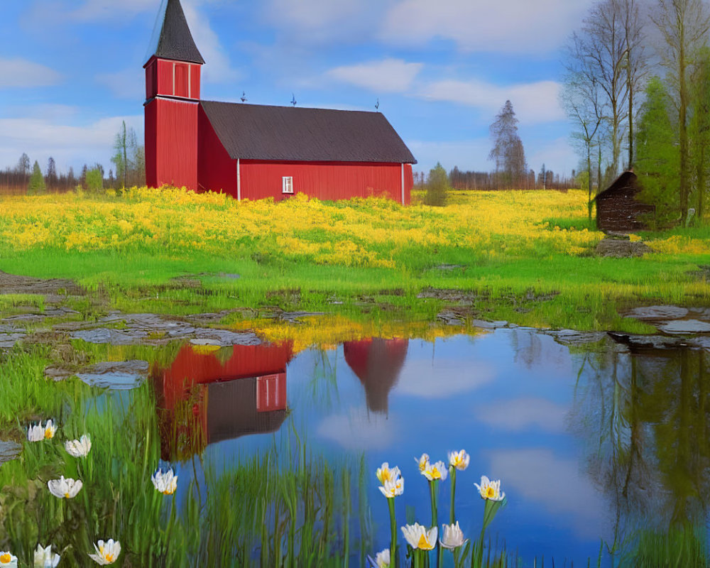 Scenic red wooden church with steeple, yellow wildflowers, clear pond, and blue sky