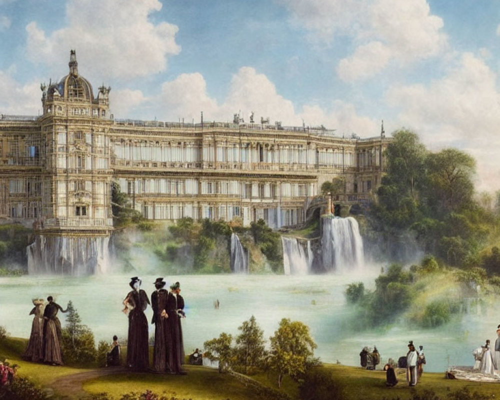 Victorian Garden Scene with Waterfalls and Palace