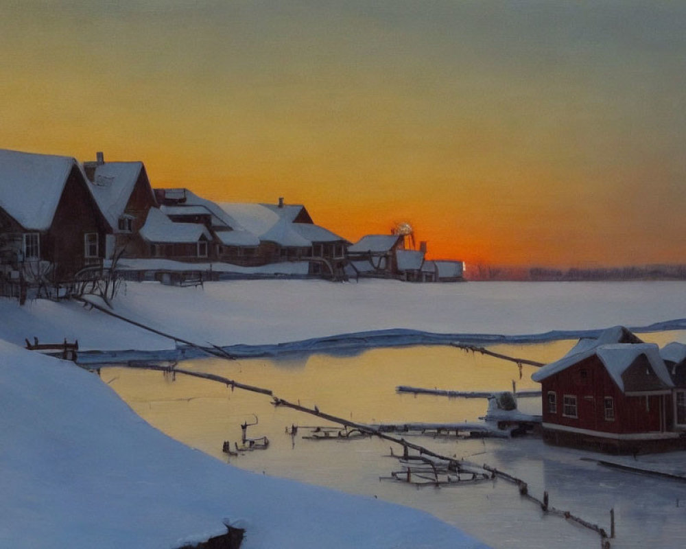 Snow-covered Winter Sunset Scene with Houses, Frozen Lake, and Orange Sky