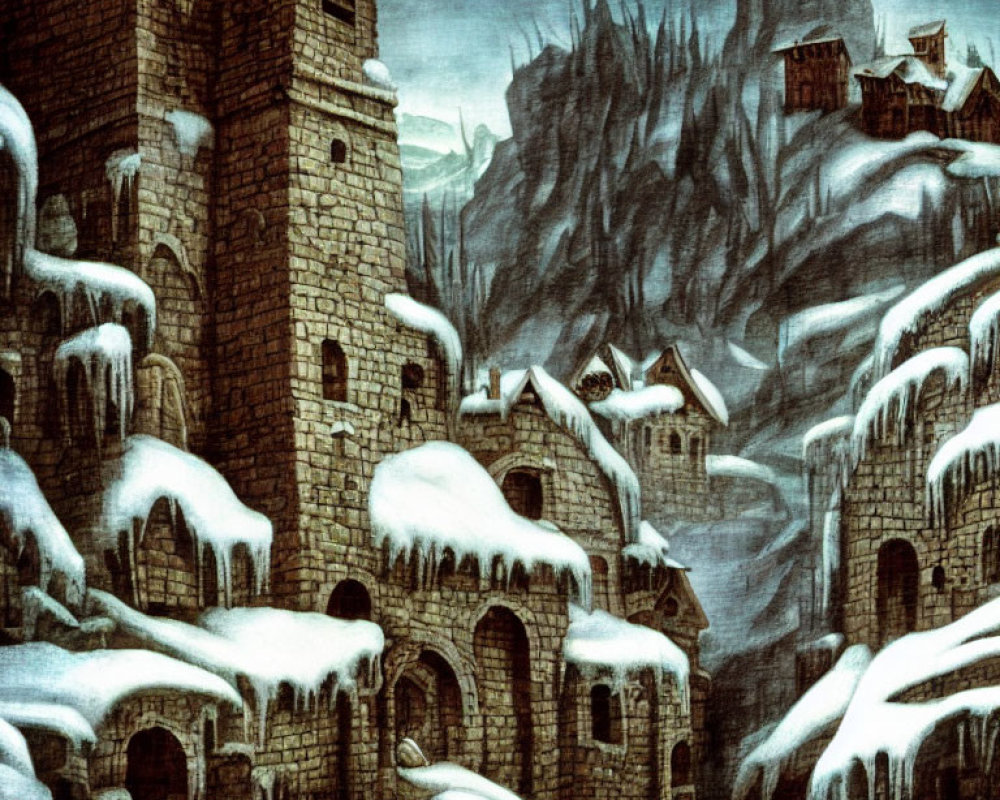 Snowy medieval fortress nestled among craggy mountains