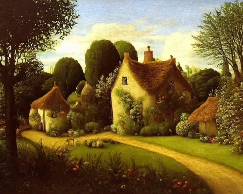 Tranquil oil painting of pastoral scene with thatched-roof cottages