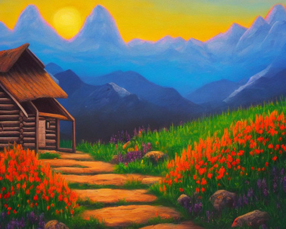 Scenic painting of rustic cabin in flower meadow with mountains