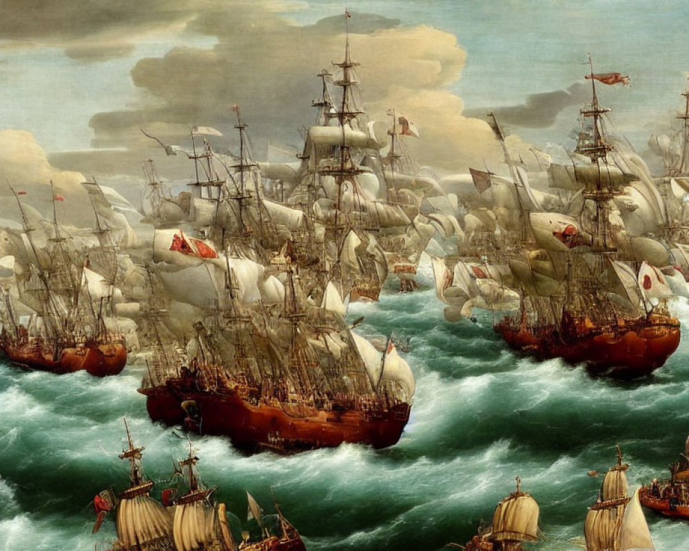 Historical naval battle scene with sailing ships in combat on stormy seas