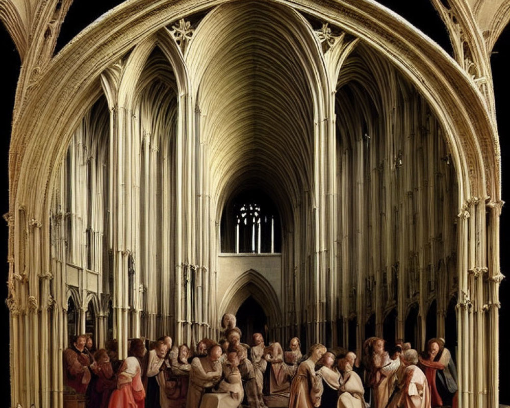 Robed Figures in Detailed Gothic Cathedral