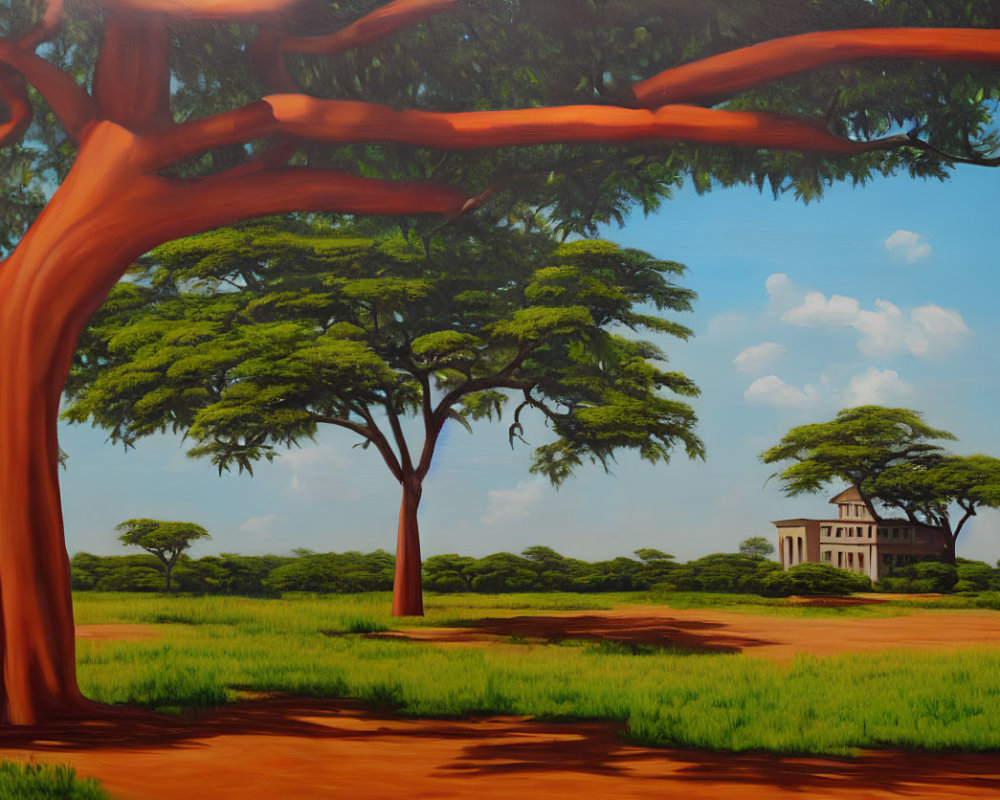 Serene landscape painting with red-trunked tree, classical house, blue sky